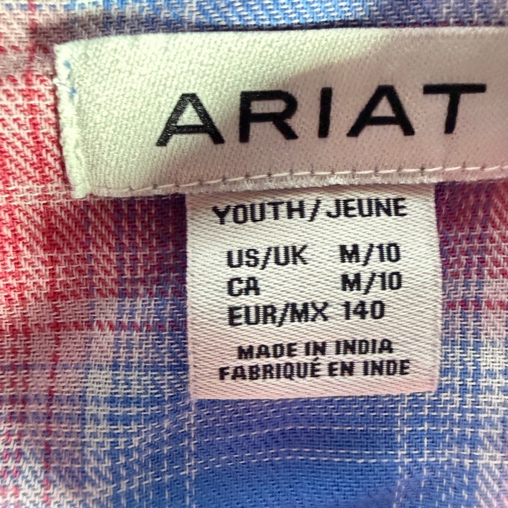 Ariat Youth Medium 10 Blue Pink Plaid Western Long Sleeve Pearl Snap Shirt - Picture 2 of 6
